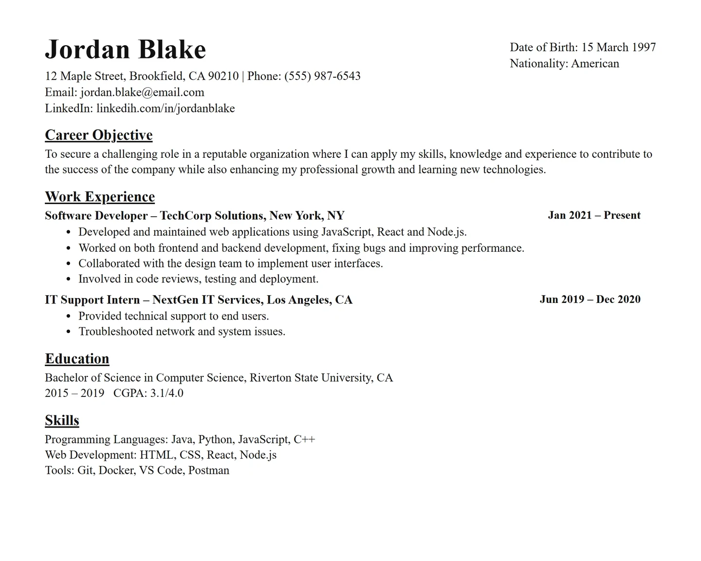 Unformatted candidate CV